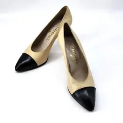 CHANEL バイカラーパンプス 37.5 ココマーク レザー 黒×ベージュ