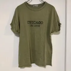 ZARA カーキ CHICAGO ロゴ 半袖 Tシャツ S コットン 綿100%のサムネイル