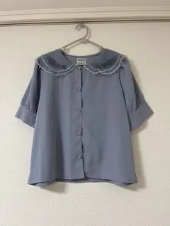 169.Hamble by paravion 刺繍襟半袖ブラウス ブルーのサムネイル