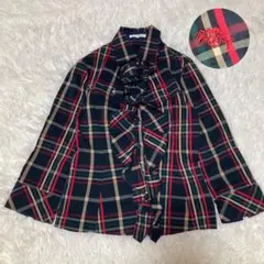 NARACAMICIE 刺繍 フリル チェック ブラウス シャツ 七分袖 M