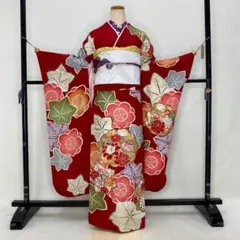 振袖フルセット 赤 森英恵 成人式 草履バック付 裄69.2cm S-193