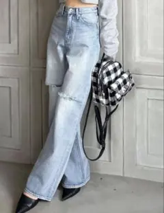 【美品】GYDAハイウエストダメージワイドデニムパンツ