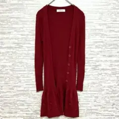 ギャラリービスコンティ✨ニットカーディガン 赤 ロング丈 リボン付 レディース