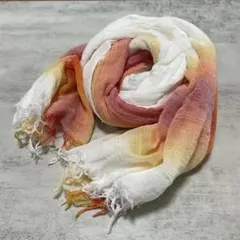 未使用 ホワイト × オレンジ グラデ 薄手 春 夏 正方形 ストール