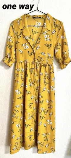 【one way】花柄 シャツロングワンピース 半袖 Mサイズ イエロー