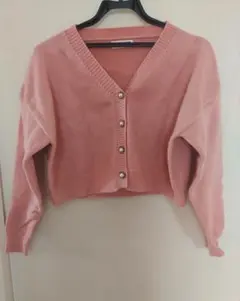 ピンク Vネック クロップドカーディガン