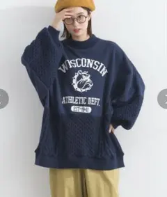 lupilien 裏起毛×ニット ドッキング ブルドック プリント スウェット