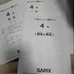 2020年度　サピックス4年マンスリー確認\復習/組分テスト11回中古原本 優秀層〜苦手層まで役立つ】4年11月マンスリー確認テスト算数