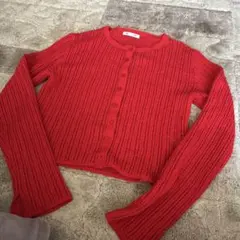 本日限定セール！GU 透かし編みカーディガン赤　M クルーネック　長袖