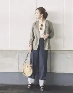 美品　GU リネン混ノーカラー テーラードジャケット カーキ