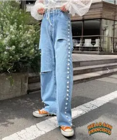 HELLO.SANFRANCISC サイドパールラインダメージデニム