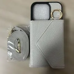 スマホショルダーストラップ付ケース ライトグレー×ピンク　iPhone14pro
