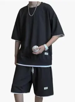 ブラック ルームウェアセット Lサイズ 重ね着風 メッシュ 涼しい