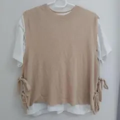 重ね着　ワールド　L　ベージュ ノースリーブ ニット　半袖　Tシャツのサムネイル