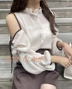 NICE CLAUP 肩あき リボン ブラウス アイボリー