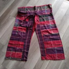 「少々難あり」タイシルク　男女兼用　チェック柄カジュアルパンツ　サルエルパンツ