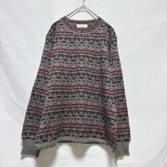 プルオーバー 長袖 ニット 総柄 グレー クルーネック