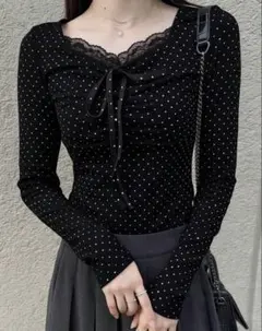 ブラック 長袖 カットソー ドット柄 黒 トップス 秋服 冬服 未使用 即購入可