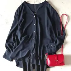 美品＊23区 パールモチーフVネックブラウス 48 大きいサイズ ネイビー 長袖