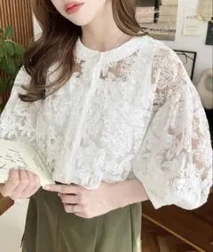 フラワー刺繍レース クルーネックカーデブラウス　Ｌサイズ