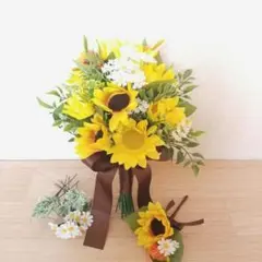 ウェディングひまわりアートブーケ、ブートニア、ヘッドパーツ
