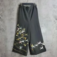着物リメイク 鶴刺繍 ワイドパンツ 黒 和柄 イージーパンツ モード