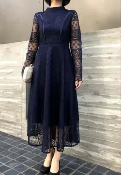 ネイビー レース ワンピース　パーティードレス 　ミモレ丈　卒園式