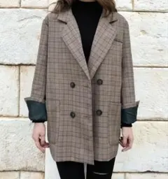 ダブルブレストブレザー　ダブルブレストジャケット　チェック　英国風　ブラウン系