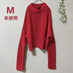 赤 【M】オーバーサイズ ケーブルニット セーター 綿ニット ざっくりレディース