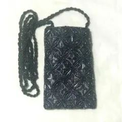 スマホ 黒 ビーズ 小物入れ ネックレス チャーム ポーチ 携帯ケース きらきら