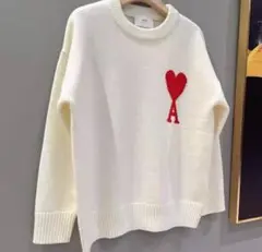 ami parisハート刺繍ニットセーター ホワイト Lユニセックスhuj*/-