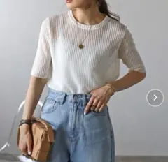 【一度着用】Bonjour Sagan 半袖ニット　リブ　白　ホワイト　五分袖