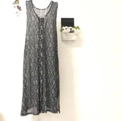 【美品A】前開き 白黒 レディース 総柄 ストーン入りボタン ワンピース XL