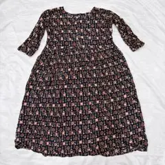 レトロワンピース ブラック×ピンク×赤 花柄風 膝丈ワンピース 七分袖 M相当