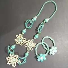 お花型ターコイズブルー ネックレス&ブレスセット
