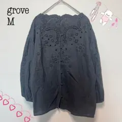 grove刺繍レースブラウスネイビー七分袖コットン風きれいめゆったり春夏M