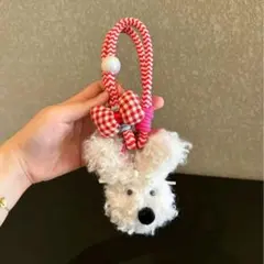 犬の顔 バッグチャーム 赤と白　バッグストラップドールストラップアクセサリー
