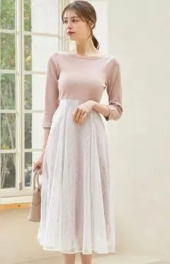 リボン＆パール付きハイウエスト切り替えレースドッキング七分袖ワンピース　ピンク