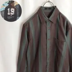 Vintage古着 ウールシャツ 長袖 ストライプ パープル 紫色 グリーン M