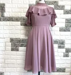美品【MIIA】薄紫フリルハイネックAラインワンピースFレース大人上品清楚可憐