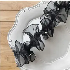 ふんわりチュールレース パール付きフリルリボン 黒 1m ハンドメイド 帯留め