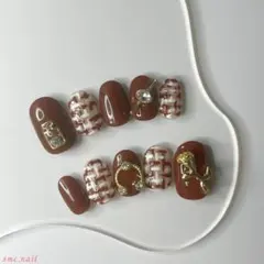 【現品のみ】ネイルチップ ブラウン ツイード ゴールド 大人上品 大人可愛い