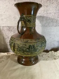 高岡天龍銅器花瓶/茶華道活花/鋳物饕餮文/吉祥赤銅龍泉堂在銘/真贋不明