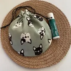 まんまる巾着◉フレンチブルドック　犬柄グリーン