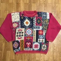 90s コットン ニット セーター 総柄 レトロ 昭和 ハンドニット 古着