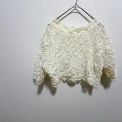 シアーレース トップス Mサイズ シャツ 5分袖 アイボリー 刺繍