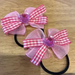 【6.5cmほど】オーガンジーリボン　チェック柄リボンヘアゴム