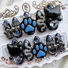 ネイルチップ 量産型 地雷 サブカル 天使界隈 水色 黒 猫 肉球 ハート