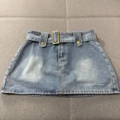 ライトブルーデニムベルト付きミニスカート　レディースXL