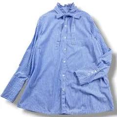 【美品】LOUNGEDRESS ストライプハイネックシャツ　ボウタイ　ブルー　Fのサムネイル